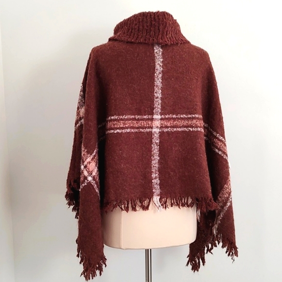 World Market Plaid Knit Cowl Neck Poncho Blanket Cape - Picture 3 of 10